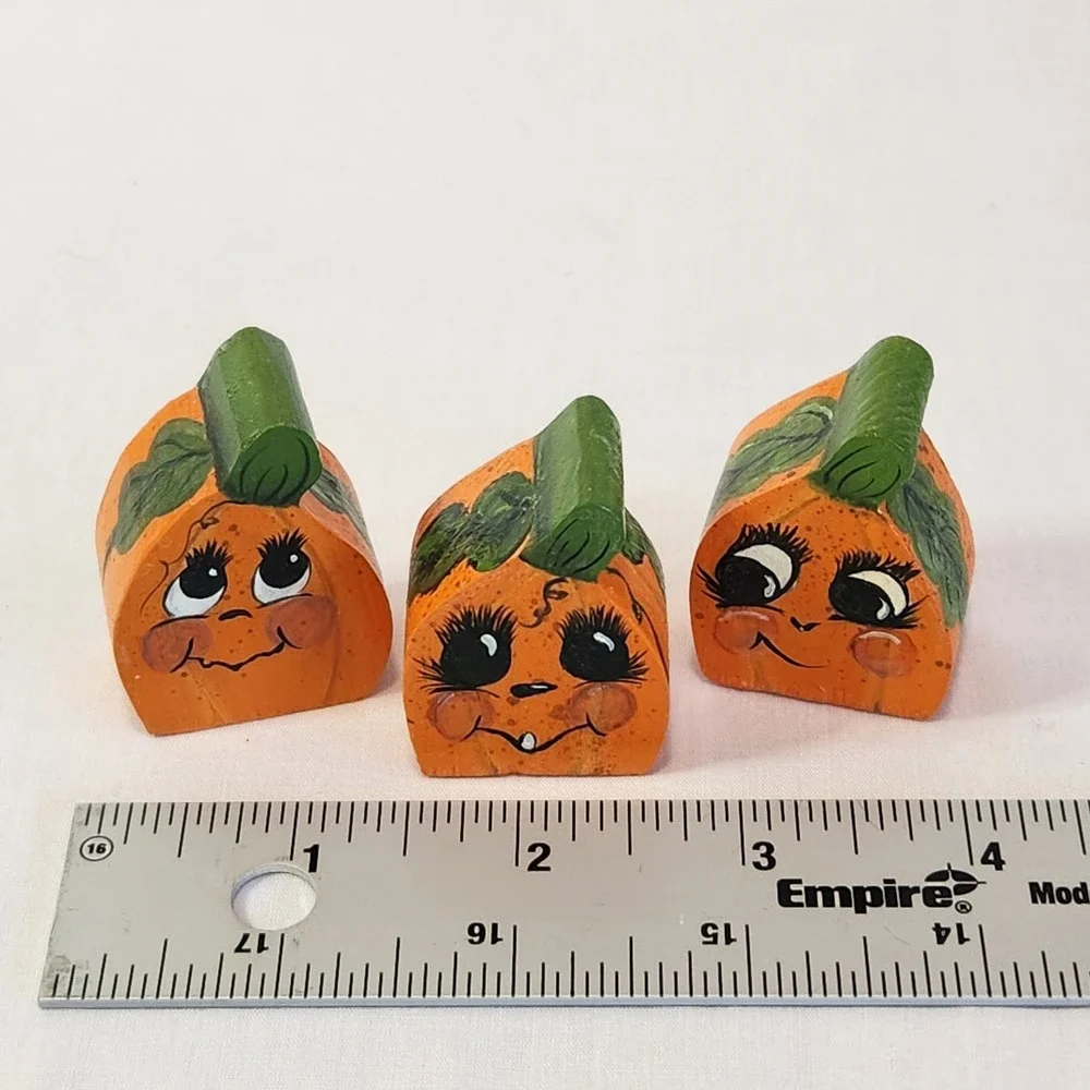Trio of Tiny Hand Painted Wood Pumpkin Figurines Set of 3 Fall Decor‎